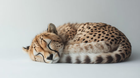 A tranquil image of a cheetah in a curled sleeping position, showcasing its soft fur and distinctive spots against a clean white background. The scene evokes calmness and beauty in nature.の素材