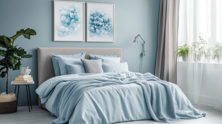 This tranquil bedroom showcases light blue bedding, minimalistic decor, and elegant wall artwork, creating a serene space perfect for relaxation.の素材