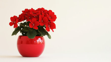 This image portrays vibrant red flowers in a glossy red pot, set against a minimalist background, perfect for enhancing interior decor and celebrating nature's beauty.の素材