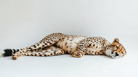 A serene cheetah rests gracefully on a white background, showcasing its unique spots and slender physique. This image captures the essence of tranquility in nature.の素材