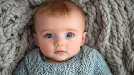 A heartwarming portrait of an adorable baby with striking blue eyes, cozy in a knit sweater, resting on a soft blanket, radiating innocence and comfort.の素材