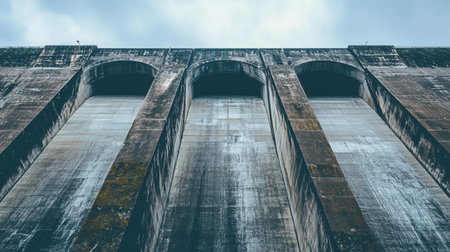 Captivating low angle view of a weathered concrete structure under an overcast sky, showcasing the grandeur and industrial design elements in a dramatic perspective.の素材
