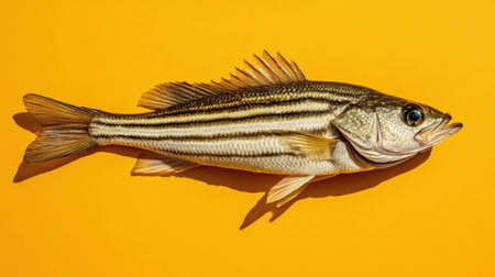 A beautifully presented striped bass lays against a vibrant yellow background, perfect for highlighting its freshness and quality for culinary uses.の素材