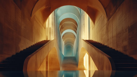 A striking architectural interior showcases a harmonious blend of light and structure, with elegant staircases and mesmerizing colors creating a surreal atmosphere.の素材