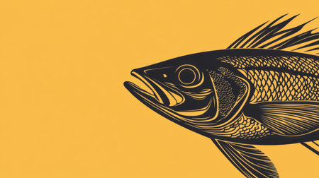 This striking graphic illustration features a fish head rendered in a bold black design against a bright yellow background, creating a vibrant visual impact.の素材