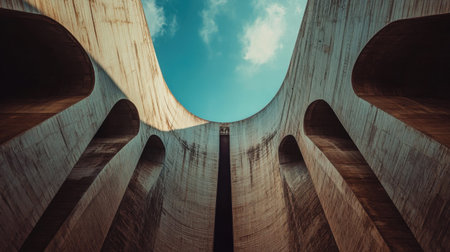 A captivating view of a curved concrete structure reaching for the sky, showcasing intricate lines and shadows under a vibrant blue sky with clouds.の素材