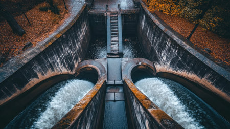 An aerial view showcases a unique waterfall cascade flowing into a reservoir, surrounded by colorful autumn trees, emphasizing the beauty of nature.の素材