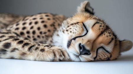 This captivating close-up image features a sleeping cheetah showcasing its delicate fur patterns and tranquil expression on a soft backdrop.の素材