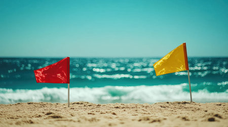 Colorful red and yellow flags stand on the sandy beach, signaling safety conditions near the gentle waves and sparkling ocean water under a clear blue sky.の素材