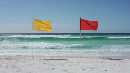 Two safety flags, one yellow and one red, are planted on a serene beach, signaling safety measures at the coast, while gentle waves lap ashore.の素材