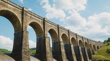 A stunning stone viaduct showcasing impressive arches over a serene valley, surrounded by lush greenery and a bright blue sky with clouds.の素材