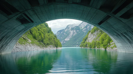 This stunning image captures the view through a concrete tunnel arch, featuring a tranquil turquoise lake surrounded by lush mountains under a cloudy sky.の素材