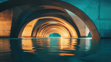 A captivating view of tranquil water reflecting vibrant blue and orange tones beneath architectural arches, creating a serene atmosphere that captivates the senses.の素材