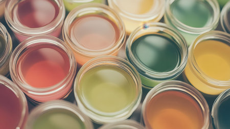 A stunning display of smooth liquid paints in glass jars, showcasing a vibrant color palette ideal for artistic projects and creative crafts.の素材