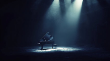 An evocative scene showcasing a grand piano illuminated by soft light on a dimly lit stage, perfect for music, performance, and artistic themes.の素材