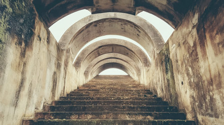 Captivating view of a set of steep stone steps framed by elegant curved arches, offering a unique perspective of urban design in a serene environment.の素材