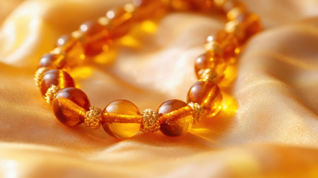 This exquisite amber necklace is beautifully arranged on soft golden silk fabric, showcasing its warm colors and refined details, perfect for elegant styling.の素材