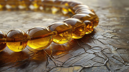 This image showcases a stunning close-up of amber beads arranged on a textured surface, perfect for highlighting the beauty and elegance in designs.の素材
