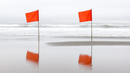 Two bright orange flags stand on a sandy beach, reflecting in the shallow water as gentle waves lap the shore under an overcast sky.の素材