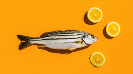 A fresh whole striped fish lies on a bright orange background, accompanied by lemon slices. Ideal for culinary projects and healthy food content.の素材