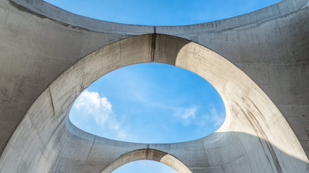A stunning view of modern concrete architecture featuring circular openings against a vibrant blue sky. This image captures the essence of minimalism and symmetry, perfect for design enthusiasts.の素材