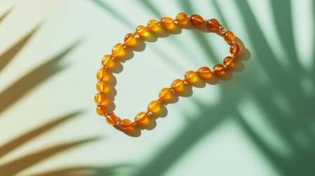 A striking orange beaded necklace lays elegantly on a vibrant background, with beautifully cast palm shadows adding depth and interest to the composition.の素材