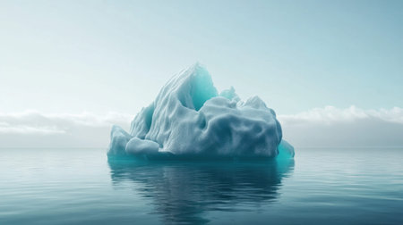 A captivating image of a lone iceberg floating serenely in a calm ocean, reflecting its stunning blue hues against a soft sky, exuding tranquility.の素材