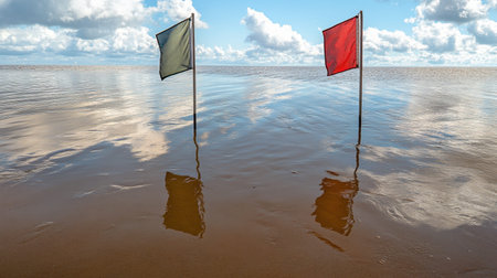 Two colorful flags stand in shallow water along a tranquil beach, reflecting on the wet sand. The sky is blue adorned with white clouds, creating a peaceful scene.の素材