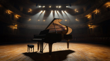 A solitary grand piano sits gracefully on an empty theater stage, beautifully lit by soft spotlights, creating a dramatic and elegant ambiance perfect for musical performances.の素材