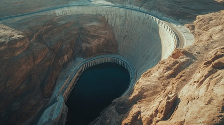Captivating aerial image of a large concrete dam nestled within a rocky canyon, showcasing the vast reservoir and rugged terrain, perfect for environmental and architectural themes.の素材