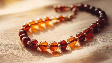 This close-up image features a stunning amber bead necklace elegantly placed on soft fabric. The warm light enhances the rich colors and textures, highlighting the craftsmanship. Perfect for jewelry enthusiasts and design lovers.の素材