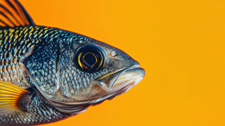 This stunning close-up captures the intricate details of a vibrant fish against an orange background, showcasing its scales and vivid eye. Perfect for nature enthusiasts.の素材