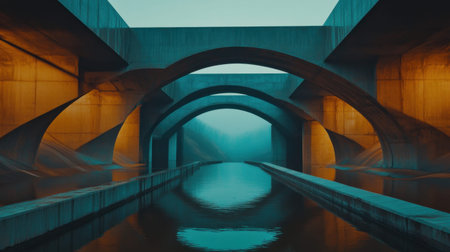 A captivating view of modern architecture featuring stylish bridges that span over a calm river. The misty atmosphere at dawn enhances the serene beauty of this urban landscape.の素材