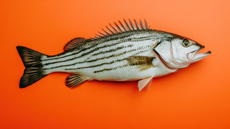 A freshly caught striped bass fish showcased on a vivid orange background, ideal for culinary inspiration, food photography, and seafood marketing.の素材