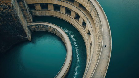This stunning aerial view captures a unique dam structure with sweeping curves and tranquil waters, surrounded by mesmerizing natural landscapes.の素材