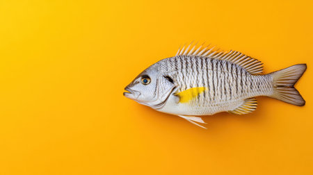 This image features a fresh fish displayed against a bright yellow background, emphasizing its detailed scales and unique characteristics. Ideal for culinary use.の素材