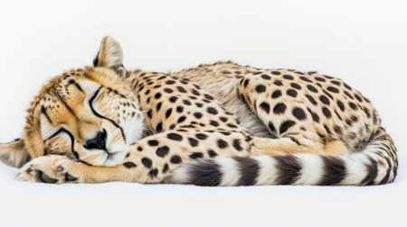 A stunning image of a sleeping cheetah curled up comfortably, showcasing the intricate patterns of its fur. The peaceful expression adds to the ambiance, highlighting the beauty of wildlife and the importance of animal conservation.の素材
