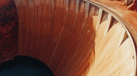 This breathtaking aerial image showcases a massive quarry surrounded by striking red rock walls. The inviting deep blue water adds contrast to the vibrant landscape, making it a captivating sight for nature lovers and adventure seekers.の素材