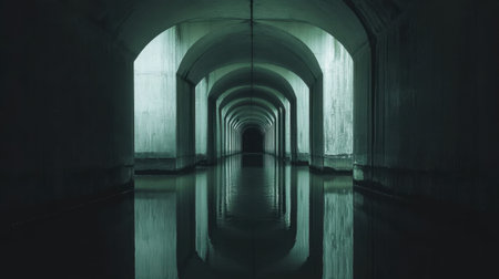 A serene view of an underground tunnel featuring dramatic arches, still water, and soft lighting, creating an eerie yet captivating atmosphere perfect for exploration themes.の素材