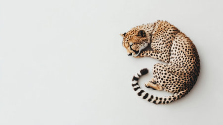 A beautiful cheetah curled up in a relaxed pose, displaying its unique spotted coat against a soft background. The composition highlights the animal's grace and tranquility, making it a perfect representation of wildlife serenity.の素材