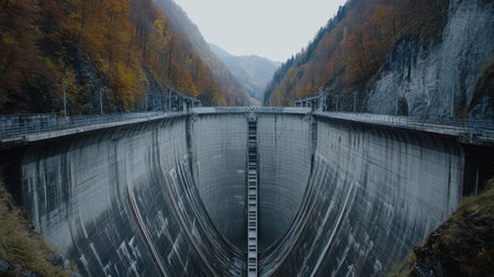Captivating photograph of a large concrete dam set in a mountainous region, surrounded by vibrant autumn colors and tranquil waters, showcasing remarkable engineering.の素材