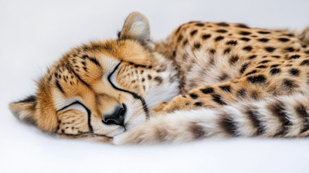 A stunning close-up of a sleeping cheetah, showcasing its beautiful spotted fur patterns and serene expression against a soft white background.の素材