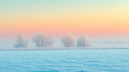 A tranquil winter scene captures frosted trees against a pale blue field under a soft pastel sky at dawn, evoking calm and serene beauty.の素材