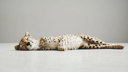 A serene image of a resting cheetah sprawled on a smooth surface in a minimalist studio, showcasing its beautiful fur and peaceful expression.の素材