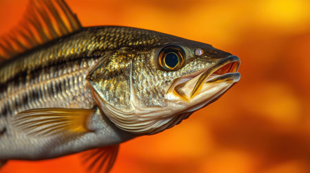 A vivid close-up image showcases the intricate details of a freshwater fish, highlighting its vibrant scales and sharp features against a bright orange background.の素材