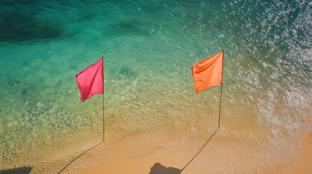 Two colorful warning flags, one pink and one orange, stand on a sandy beach next to shimmering turquoise ocean waves. The sunlight enhances the serene atmosphere.の素材