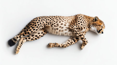 This stunning image captures a cheetah in mid-sprint against a clean white background, emphasizing its remarkable speed and grace. The cheetah's distinctive spots and sleek body illustrate its agility, making it the epitome of wildlife elegance and natural beauty.の素材