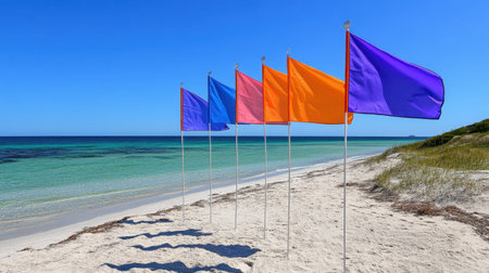 Vibrant flags stand tall on a pristine beach, contrasting beautifully with the serene blue ocean and bright sky. A perfect scene for relaxation and vacation.の素材