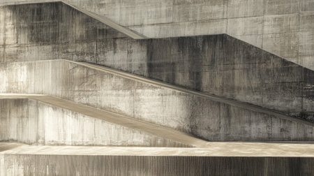 A striking abstract representation of urban architecture featuring geometric concrete stairs and textured walls, creating a minimalist ambiance.の素材