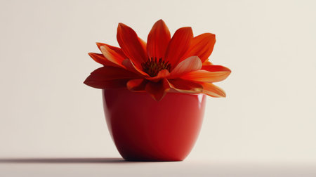 A vibrant red flower elegantly rests in a glossy red pot, showcasing its beautiful petals. The soft lighting emphasizes the flower's details against a minimalistic background.の素材